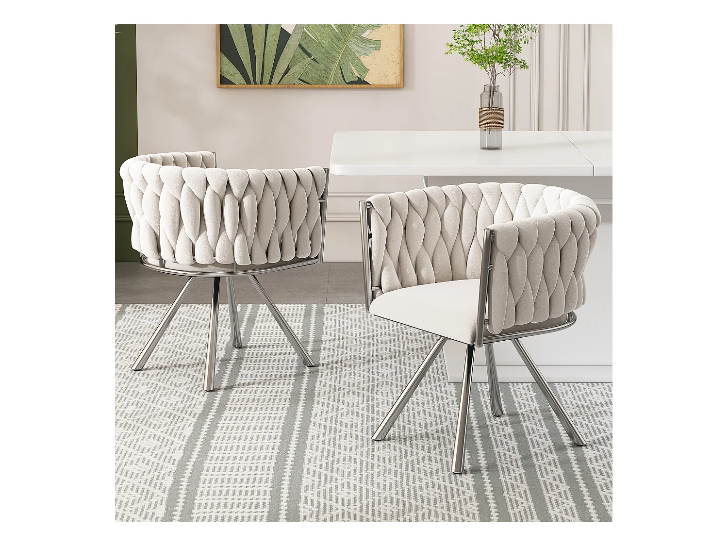Lot de 2 chaises pivotantes avec accoudoirs en velours beige et métal argenté