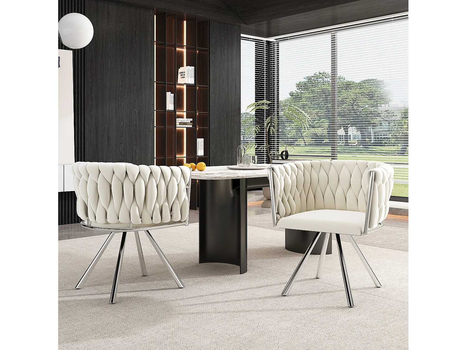 Lot de 2 chaises pivotantes avec accoudoirs en velours beige et métal argenté