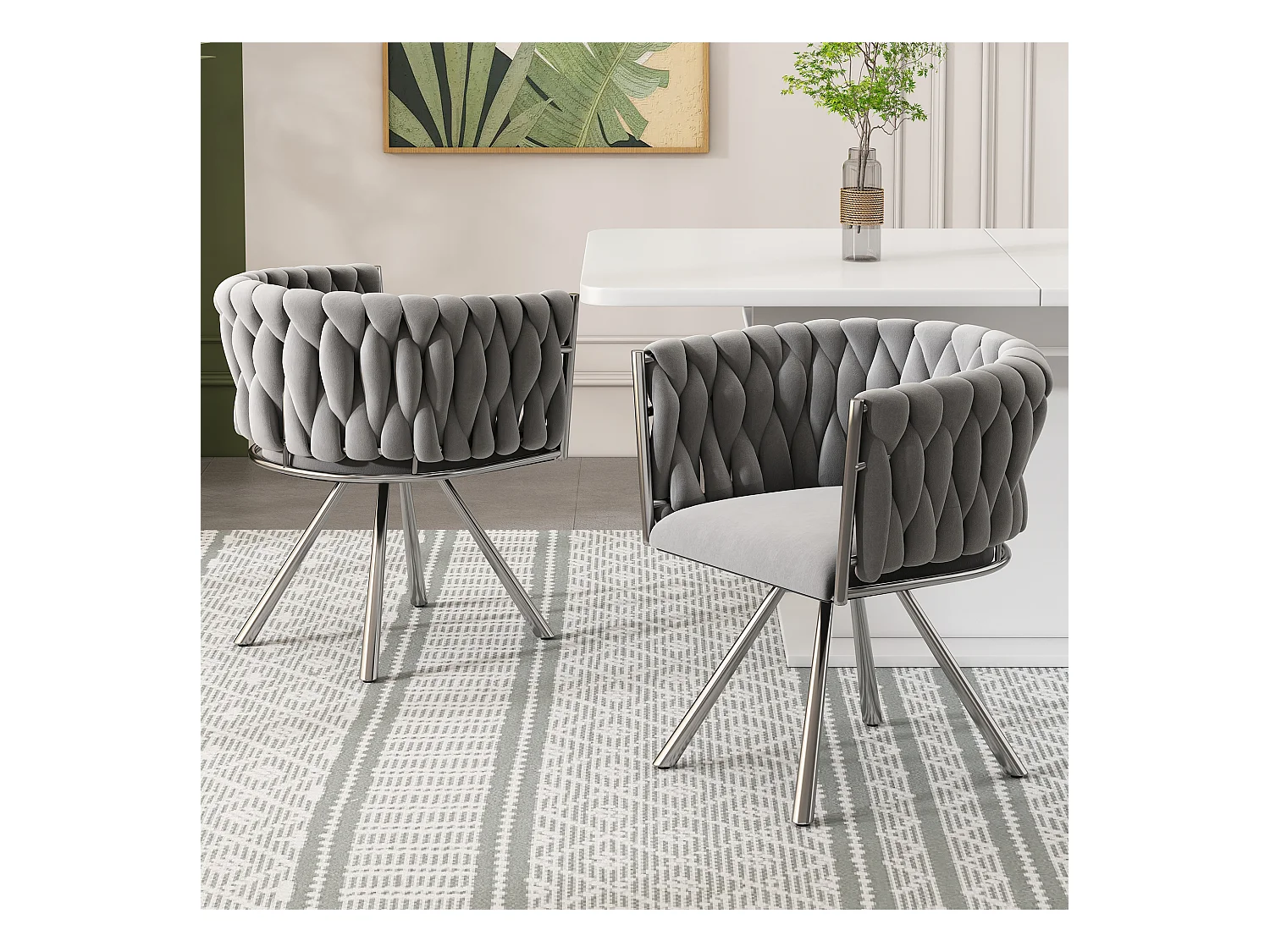 Lot de 2 chaises pivotantes avec accoudoirs en velours gris et métal argenté