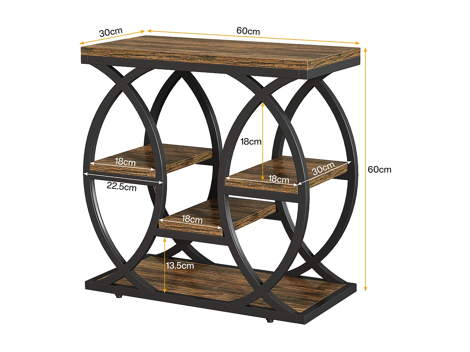 Zusatztisch mit 4 Regalen, schmaler Nachttisch mit 60 cm Breite und Stauraum für Wohnzimmer, Schlafzimmer, Eingangsbereich