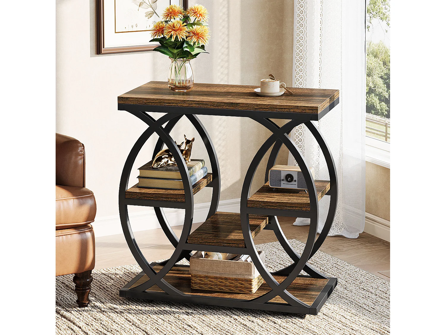 Zusatztisch mit 4 Regalen, schmaler Nachttisch mit 60 cm Breite und Stauraum für Wohnzimmer, Schlafzimmer, Eingangsbereich