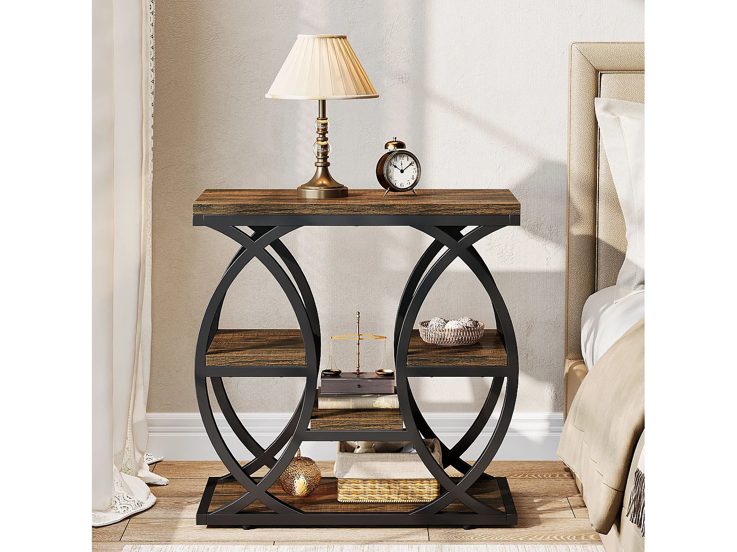 Zusatztisch mit 4 Regalen, schmaler Nachttisch mit 60 cm Breite und Stauraum für Wohnzimmer, Schlafzimmer, Eingangsbereich