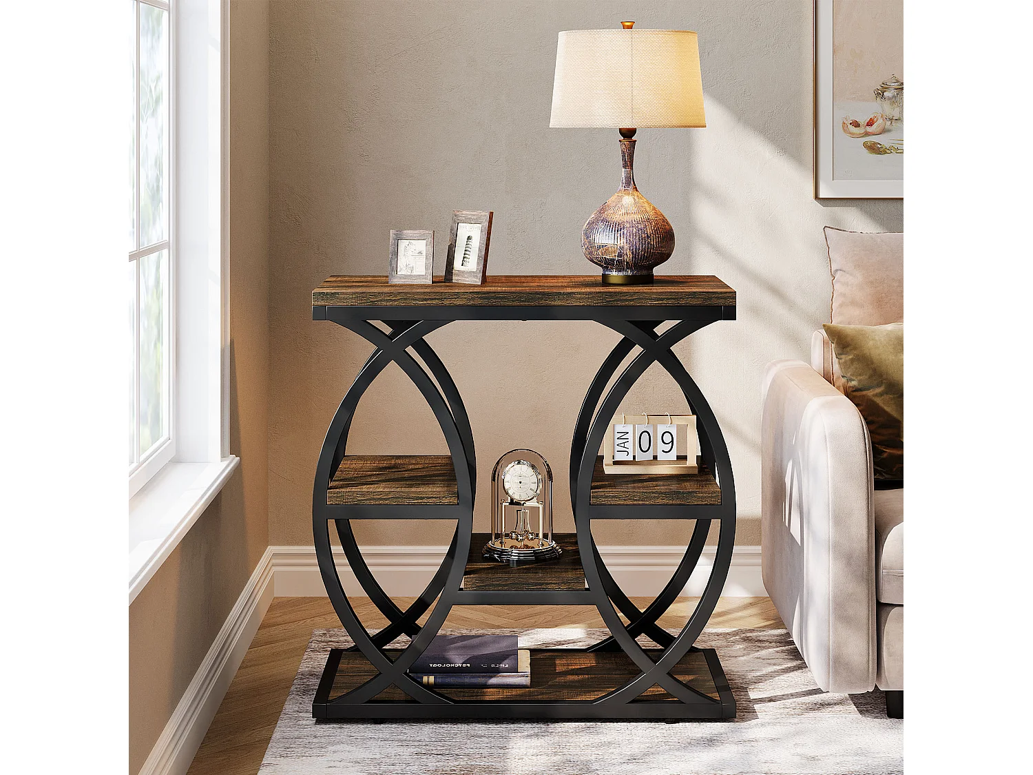 Zusatztisch mit 4 Regalen, schmaler Nachttisch mit 60 cm Breite und Stauraum für Wohnzimmer, Schlafzimmer, Eingangsbereich