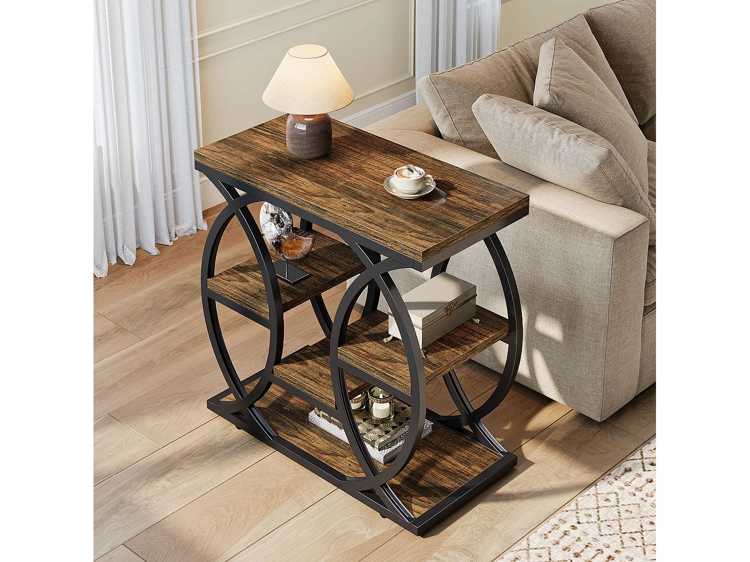 Zusatztisch mit 4 Regalen, schmaler Nachttisch mit 60 cm Breite und Stauraum für Wohnzimmer, Schlafzimmer, Eingangsbereich