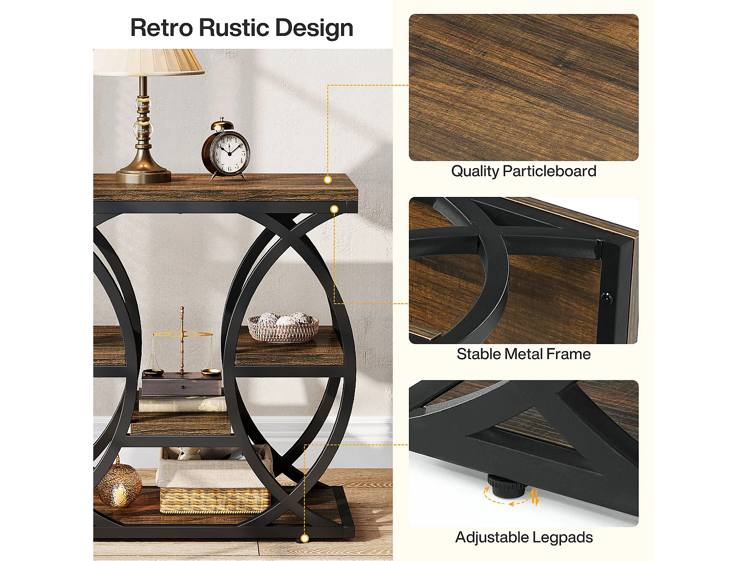 Zusatztisch mit 4 Regalen, schmaler Nachttisch mit 60 cm Breite und Stauraum für Wohnzimmer, Schlafzimmer, Eingangsbereich