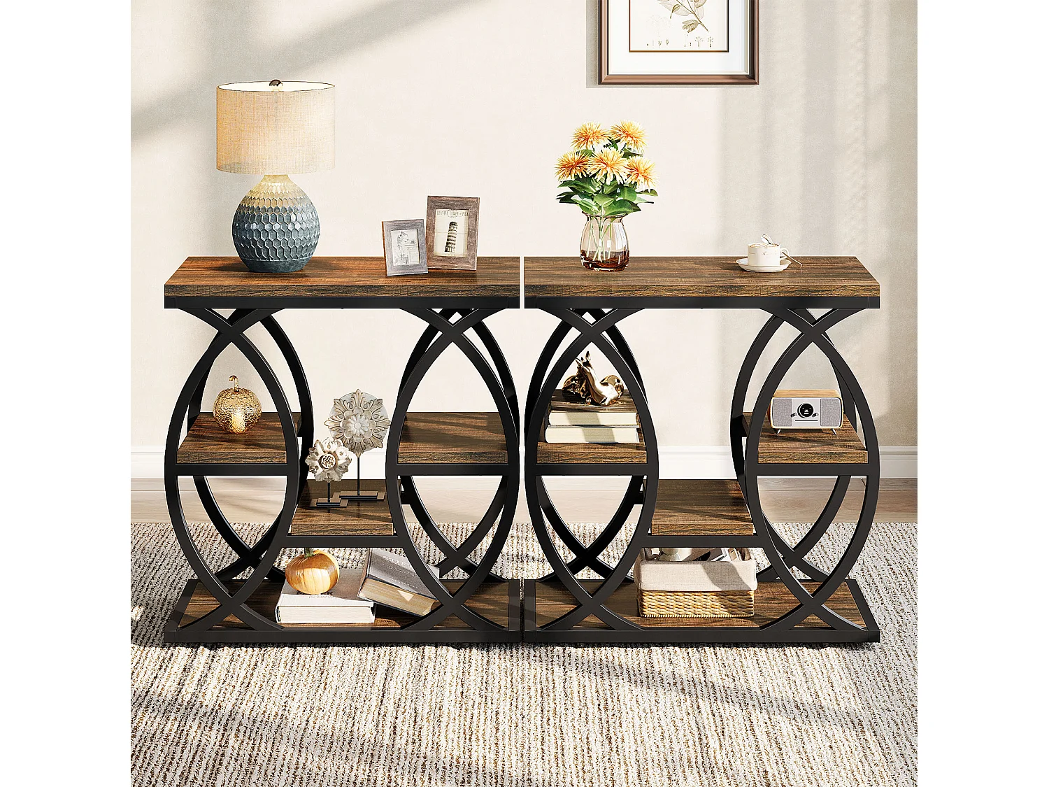 Zusatztisch mit 4 Regalen, schmaler Nachttisch mit 60 cm Breite und Stauraum für Wohnzimmer, Schlafzimmer, Eingangsbereich