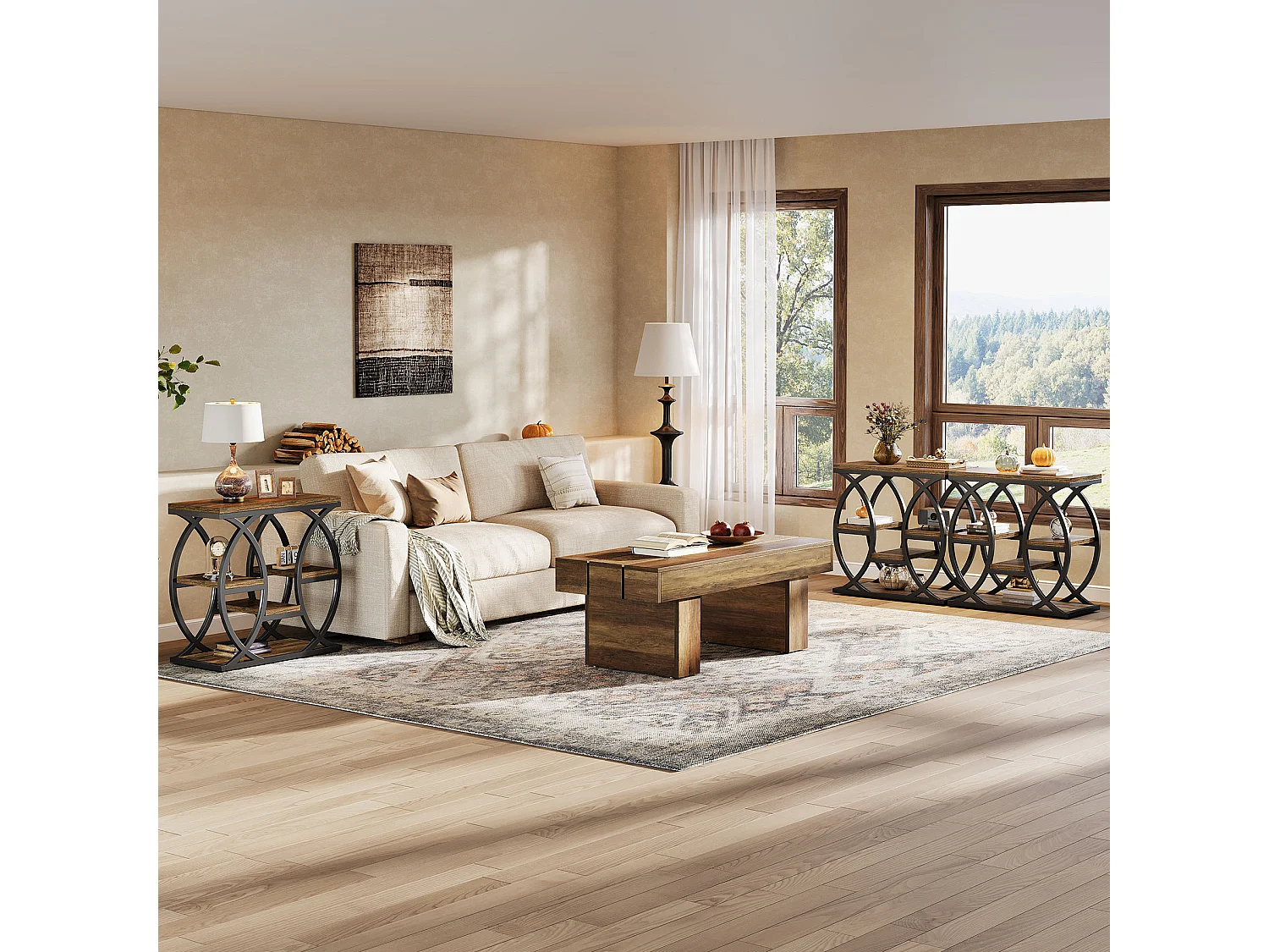 Zusatztisch mit 4 Regalen, schmaler Nachttisch mit 60 cm Breite und Stauraum für Wohnzimmer, Schlafzimmer, Eingangsbereich