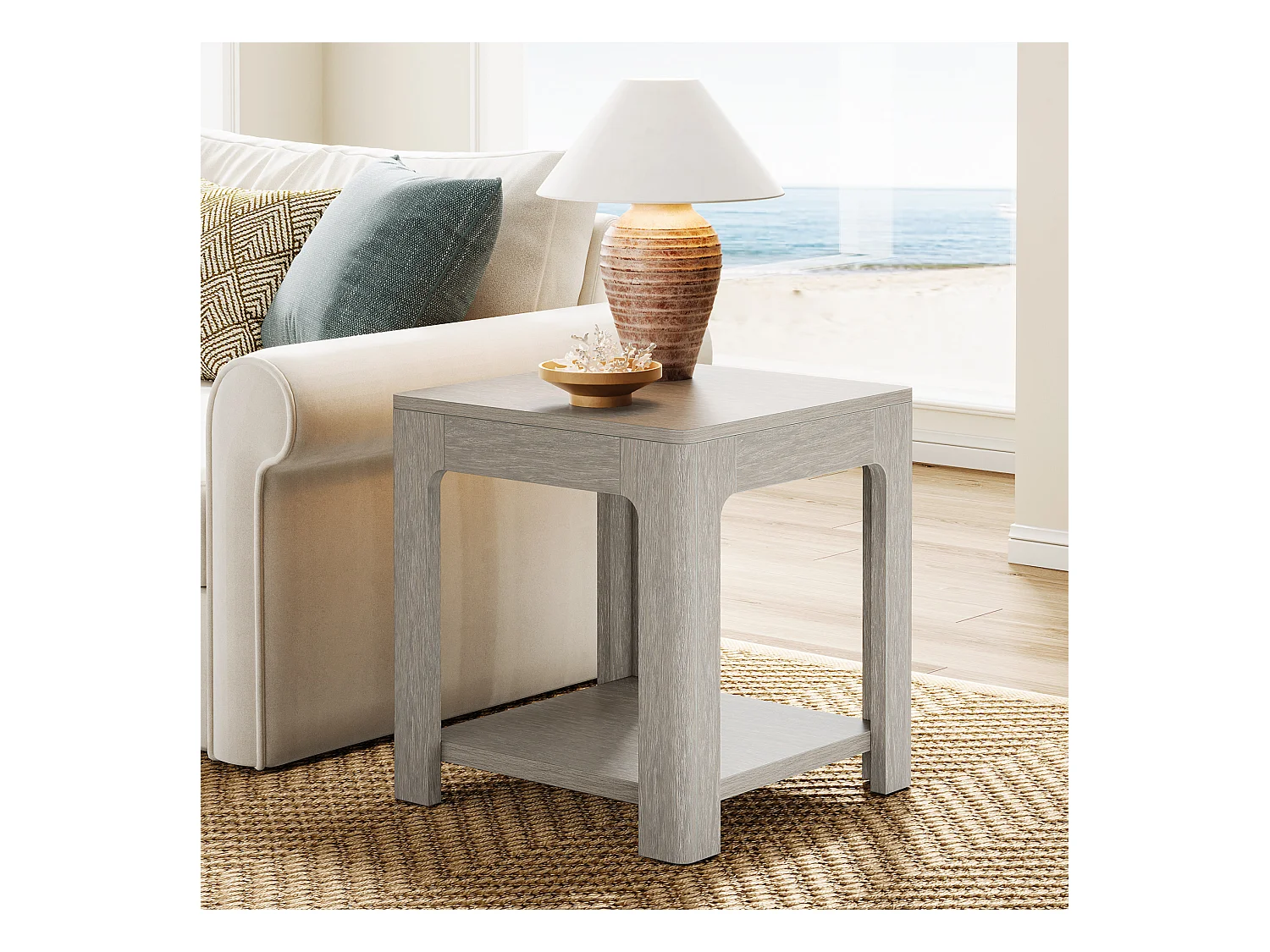 Kwadratowy stolik boczny, 2-poziomowy drewniany stolik nocny, idealny do sypialni lub salonu, łatwy w montażu, kolor szary