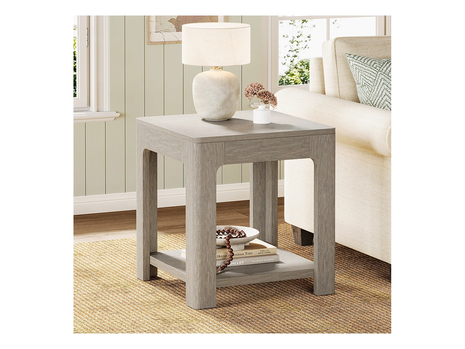 Kwadratowy stolik boczny, 2-poziomowy drewniany stolik nocny, idealny do sypialni lub salonu, łatwy w montażu, kolor szary