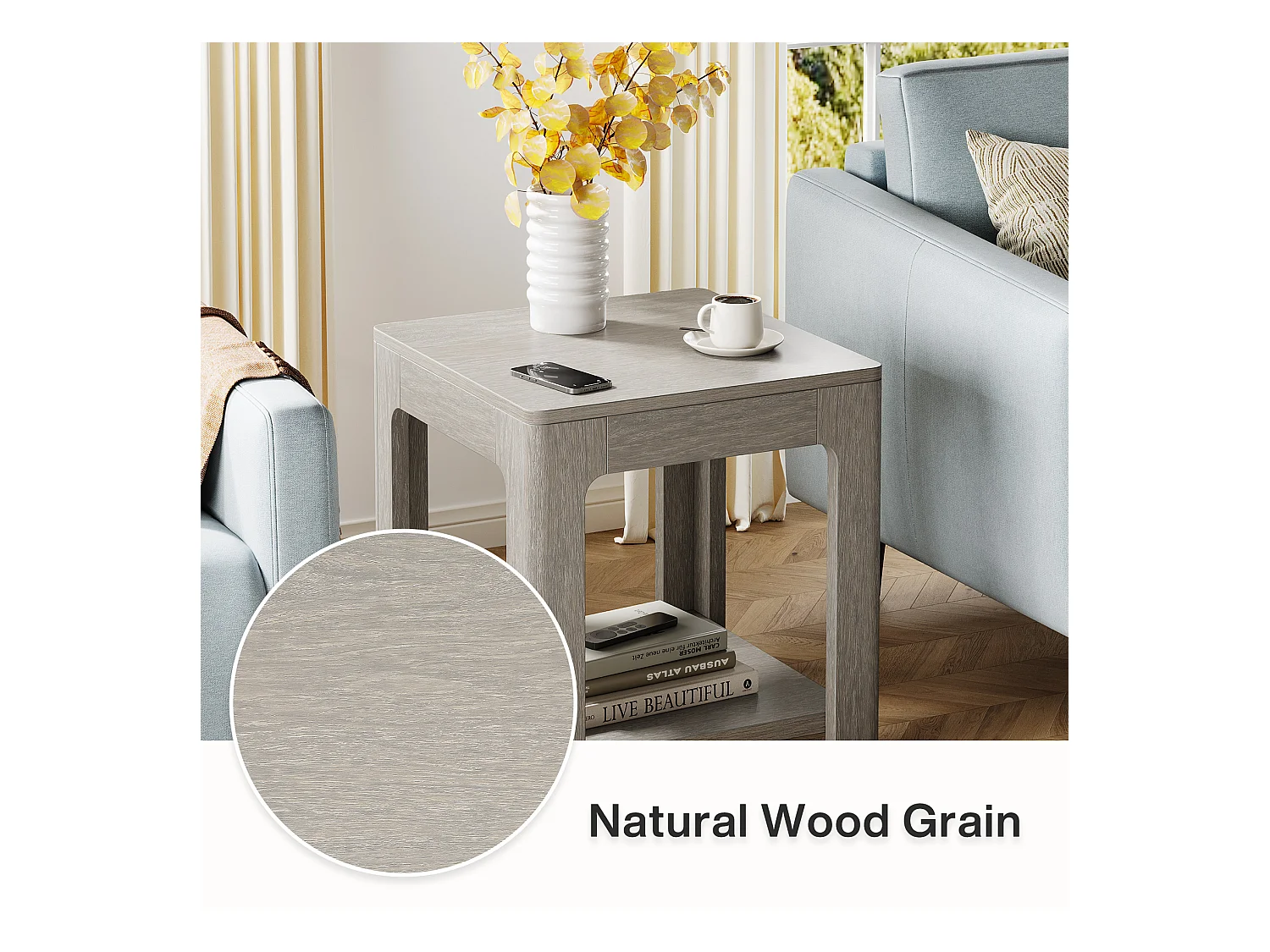 Kwadratowy stolik boczny, 2-poziomowy drewniany stolik nocny, idealny do sypialni lub salonu, łatwy w montażu, kolor szary