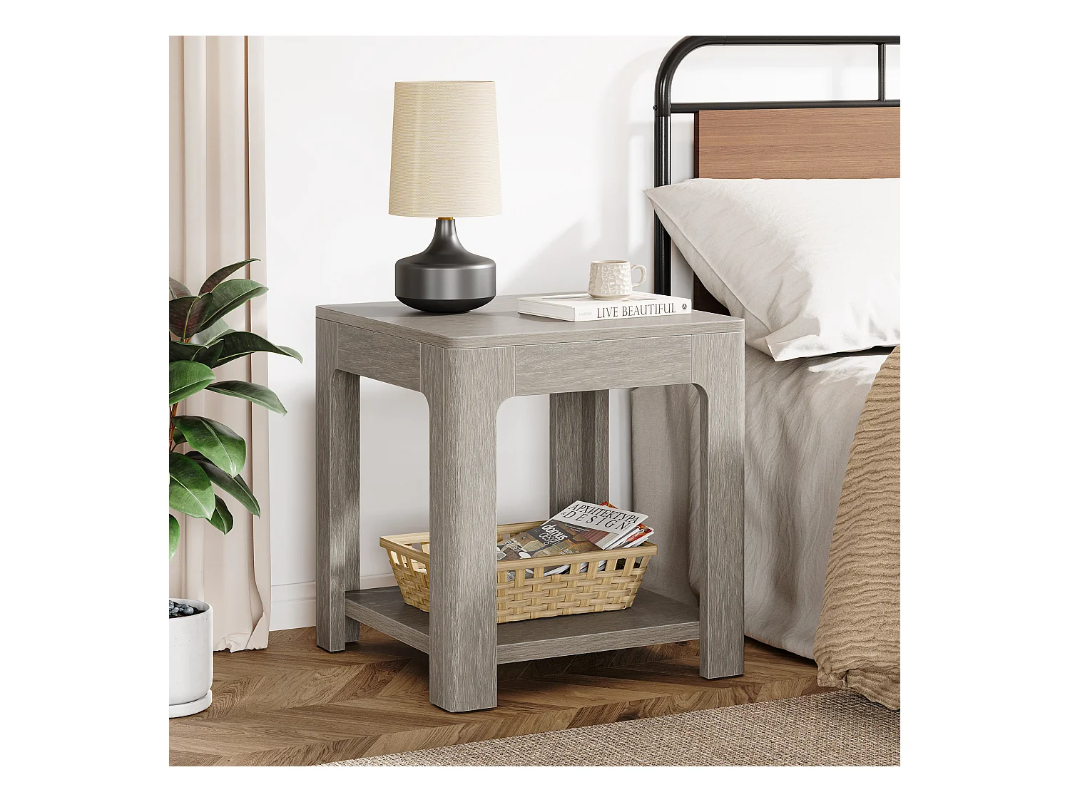 Kwadratowy stolik boczny, 2-poziomowy drewniany stolik nocny, idealny do sypialni lub salonu, łatwy w montażu, kolor szary