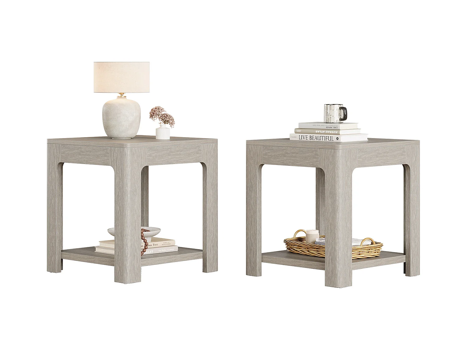 Kwadratowy stolik boczny, 2-poziomowy drewniany stolik nocny, idealny do sypialni lub salonu, łatwy w montażu, kolor szary