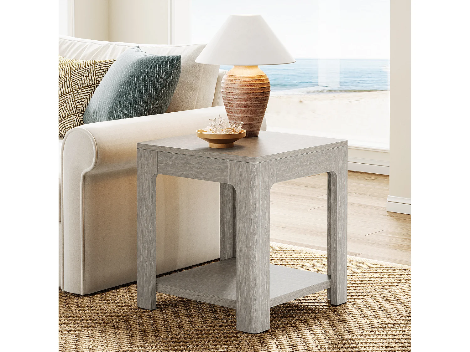 Table d'appoint Carrée, Table de Chevet en Bois à 2 Niveaux, Ldéale pour la Chambre ou Le Salon, Facile à Monter, Couleur Grise