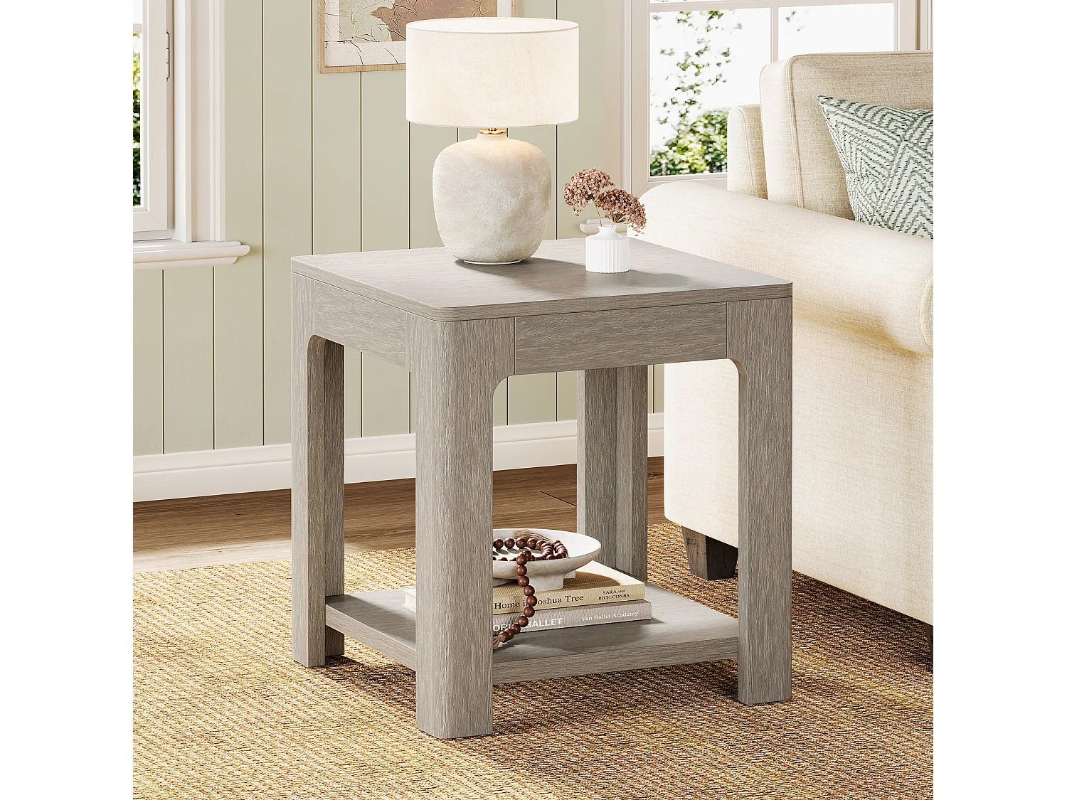 Table d'appoint Carrée, Table de Chevet en Bois à 2 Niveaux, Ldéale pour la Chambre ou Le Salon, Facile à Monter, Couleur Grise