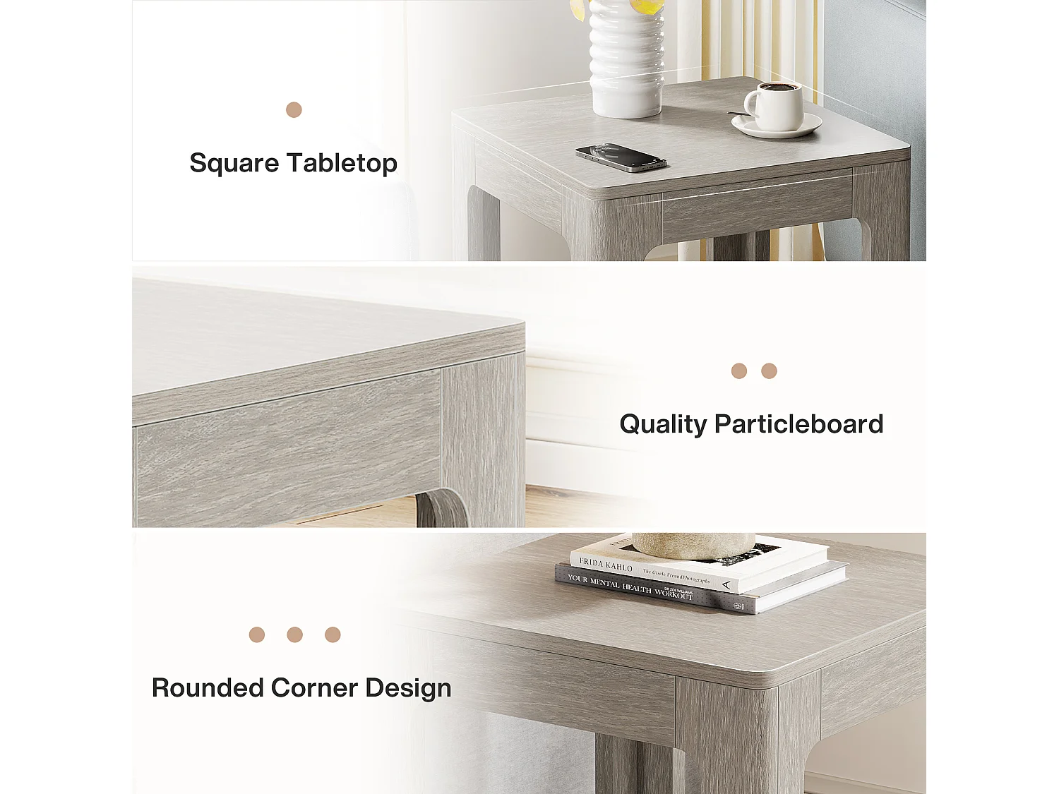 Table d'appoint Carrée, Table de Chevet en Bois à 2 Niveaux, Ldéale pour la Chambre ou Le Salon, Facile à Monter, Couleur Grise