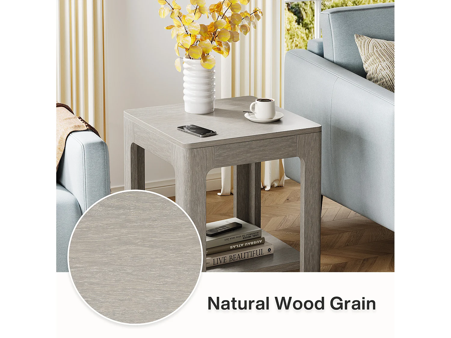 Table d'appoint Carrée, Table de Chevet en Bois à 2 Niveaux, Ldéale pour la Chambre ou Le Salon, Facile à Monter, Couleur Grise