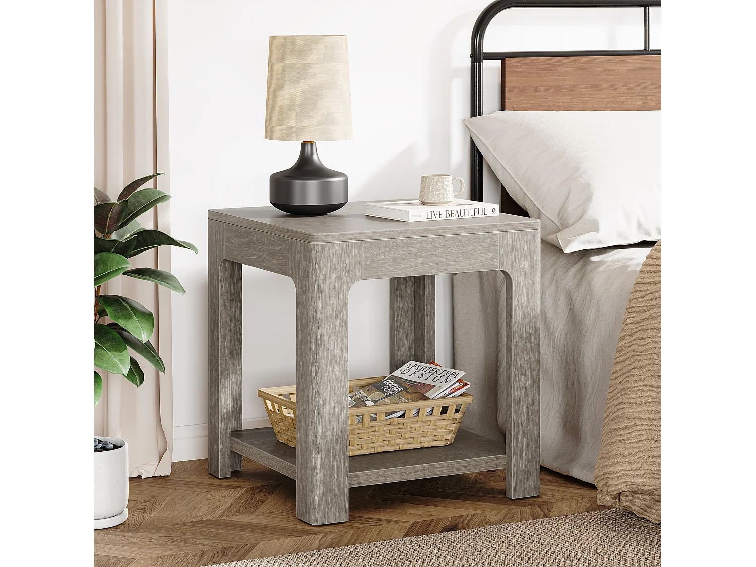 Table d'appoint Carrée, Table de Chevet en Bois à 2 Niveaux, Ldéale pour la Chambre ou Le Salon, Facile à Monter, Couleur Grise