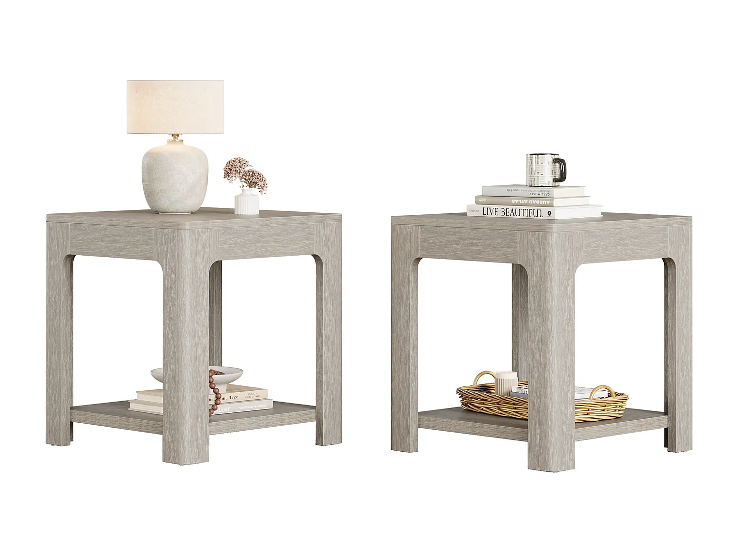 Table d'appoint Carrée, Table de Chevet en Bois à 2 Niveaux, Ldéale pour la Chambre ou Le Salon, Facile à Monter, Couleur Grise