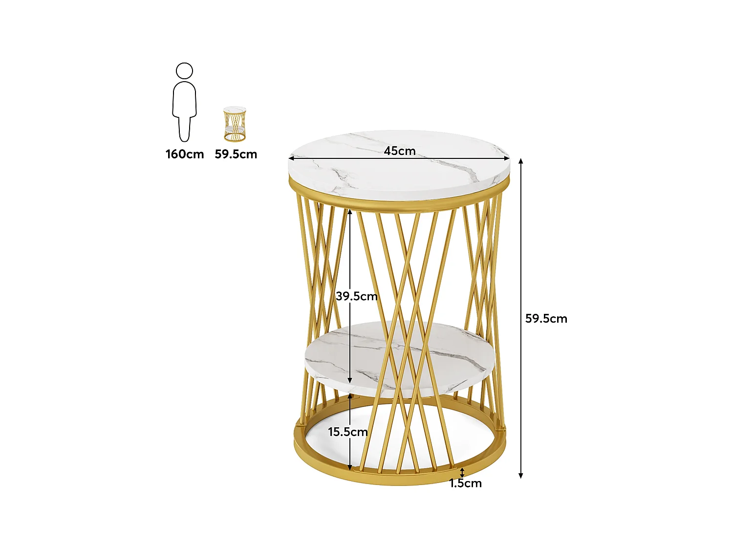 Table d'appoint ronde moderne blanche et dorée avec étagères en faux marbre, table de chevet à 2 niveaux