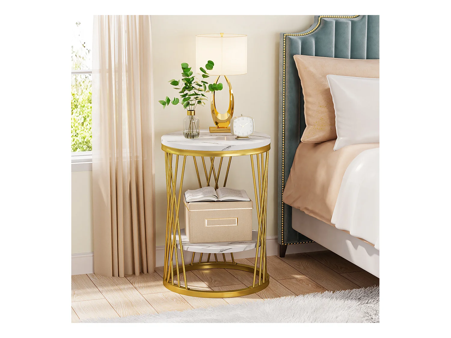 Table d'appoint ronde moderne blanche et dorée avec étagères en faux marbre, table de chevet à 2 niveaux