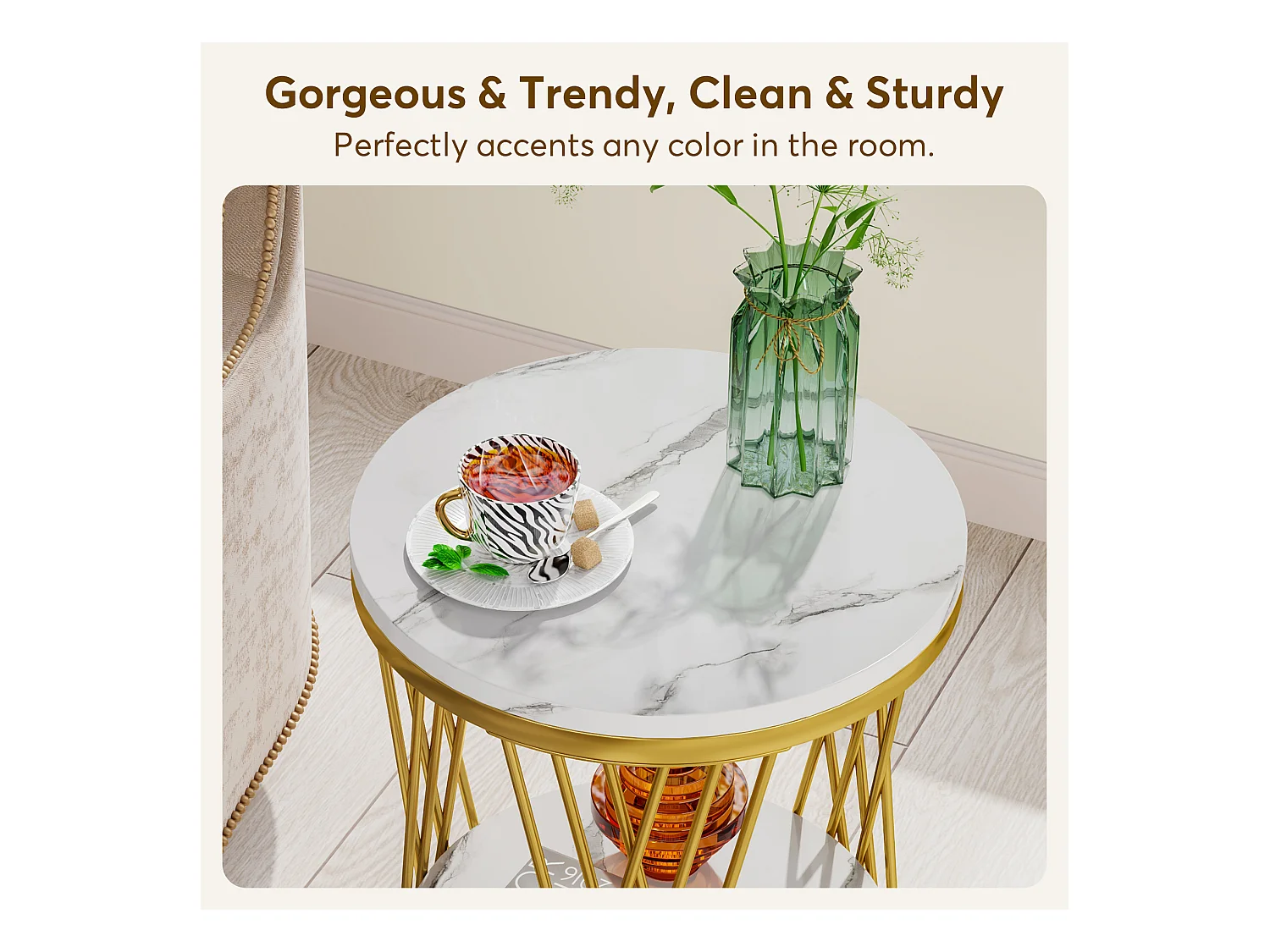 Table d'appoint ronde moderne blanche et dorée avec étagères en faux marbre, table de chevet à 2 niveaux