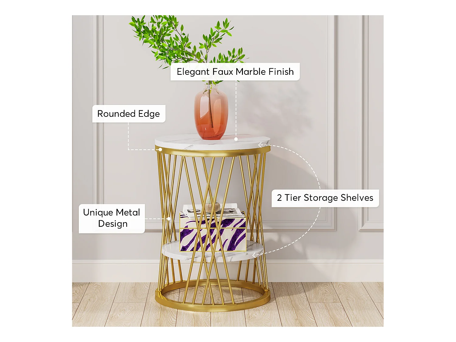 Table d'appoint ronde moderne blanche et dorée avec étagères en faux marbre, table de chevet à 2 niveaux