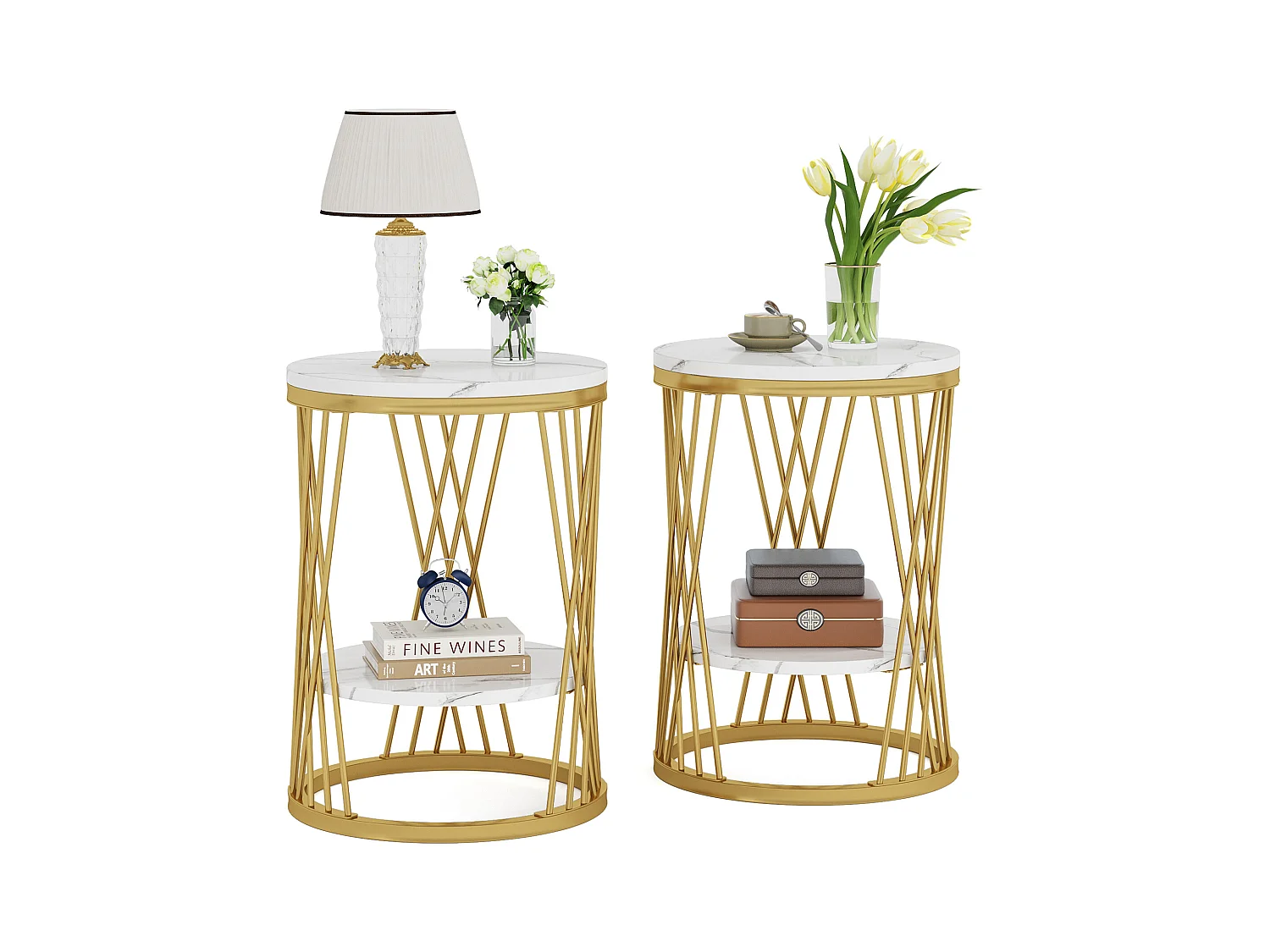 Table d'appoint ronde moderne blanche et dorée avec étagères en faux marbre, table de chevet à 2 niveaux