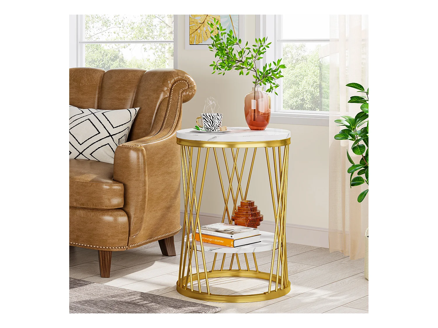 Moderne runde weiße und goldene Nachttisch mit Regalen aus Kunstmarble, Zweistufiger Nachttisch