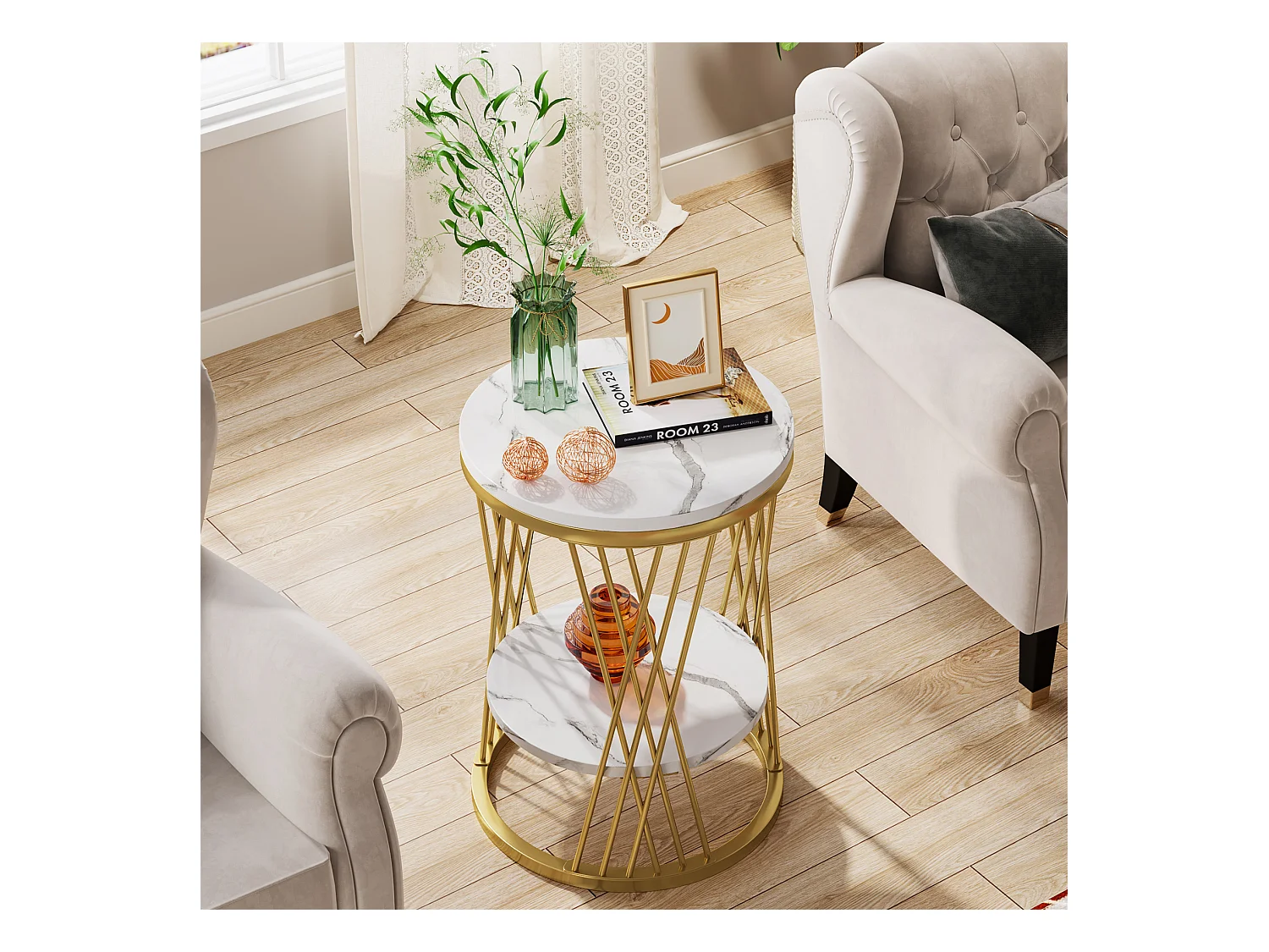 Moderne runde weiße und goldene Nachttisch mit Regalen aus Kunstmarble, Zweistufiger Nachttisch