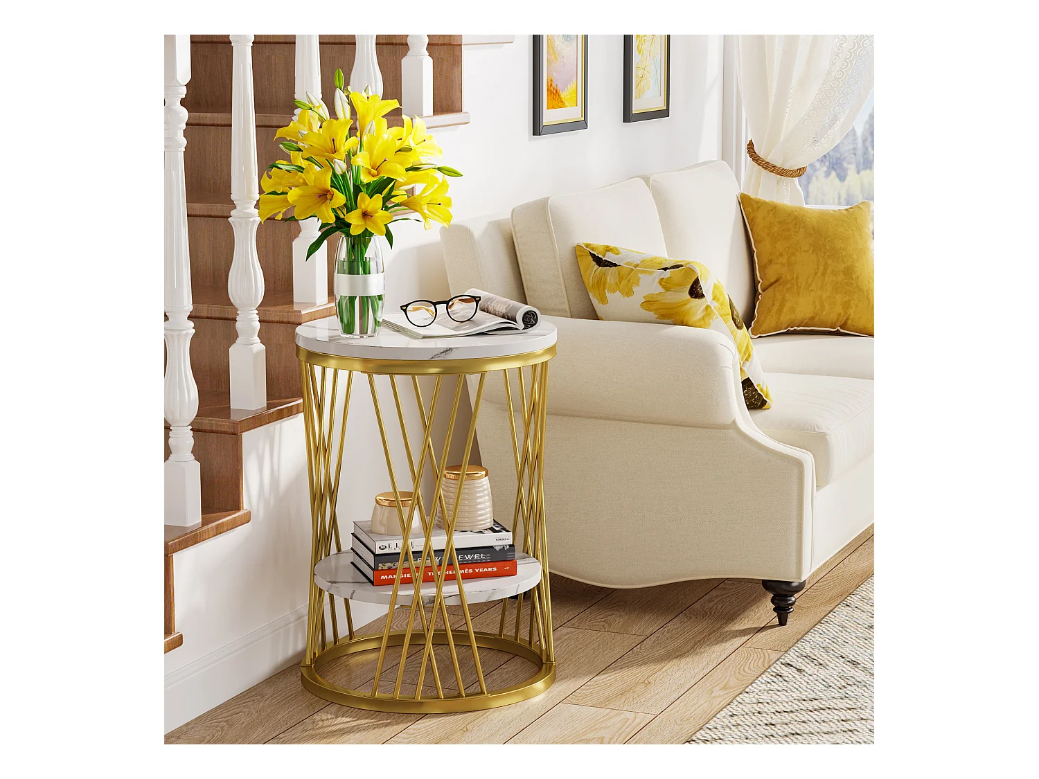 Moderne runde weiße und goldene Nachttisch mit Regalen aus Kunstmarble, Zweistufiger Nachttisch