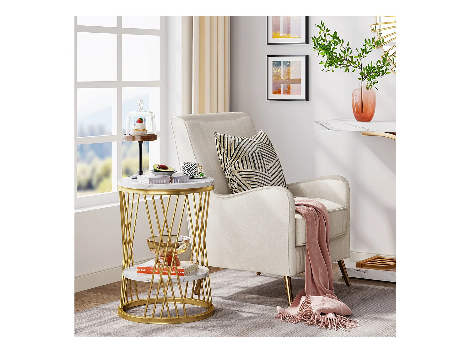 Moderne runde weiße und goldene Nachttisch mit Regalen aus Kunstmarble, Zweistufiger Nachttisch