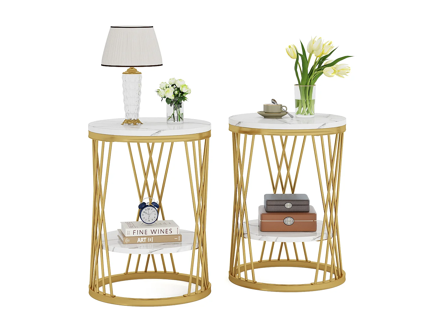 Nowoczesny, biało-złoty, okrągły stolik boczny z półkami z imitacji marmuru, 2-poziomowa szafka nocna