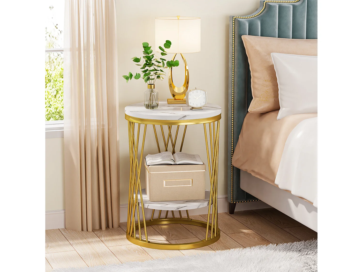 Table d'appoint ronde moderne blanche et dorée avec étagères en faux marbre, table de chevet à 2 niveaux