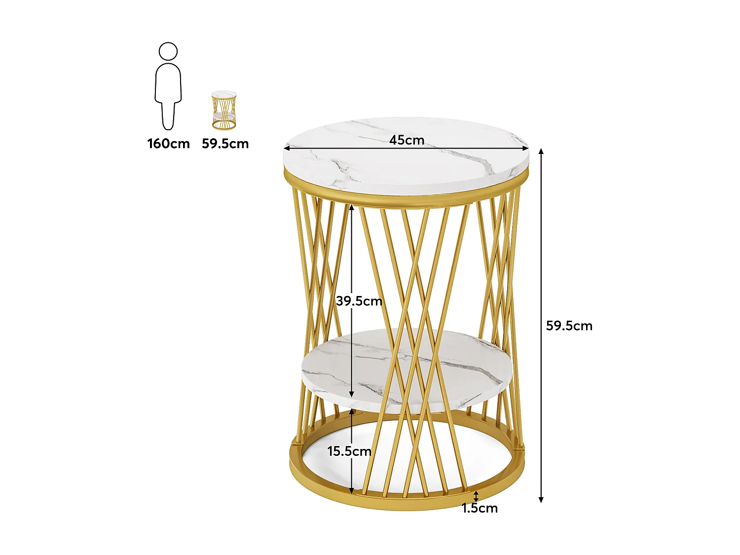 Table d'appoint ronde moderne blanche et dorée avec étagères en faux marbre, table de chevet à 2 niveaux