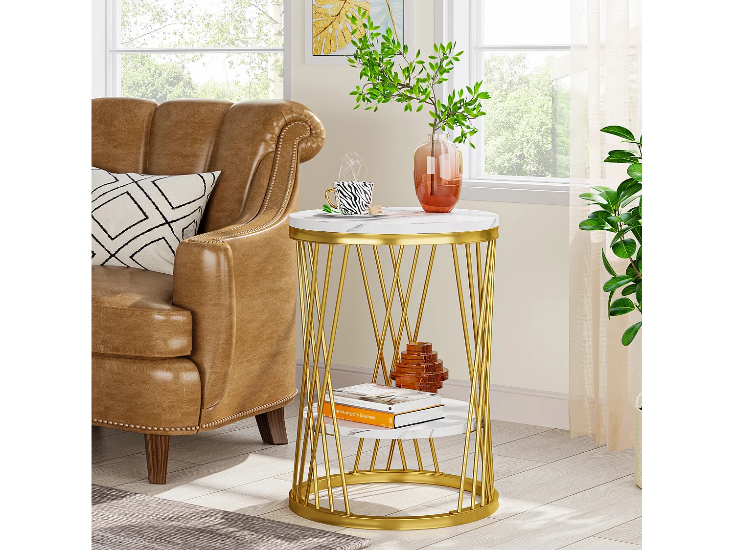 Table d'appoint ronde moderne blanche et dorée avec étagères en faux marbre, table de chevet à 2 niveaux