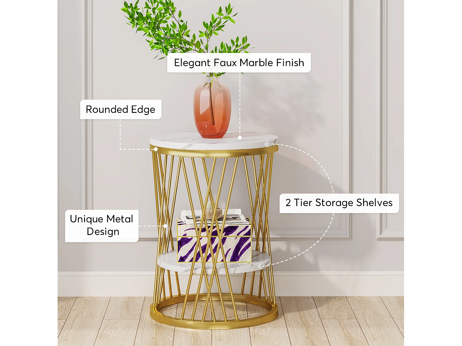 Table d'appoint ronde moderne blanche et dorée avec étagères en faux marbre, table de chevet à 2 niveaux
