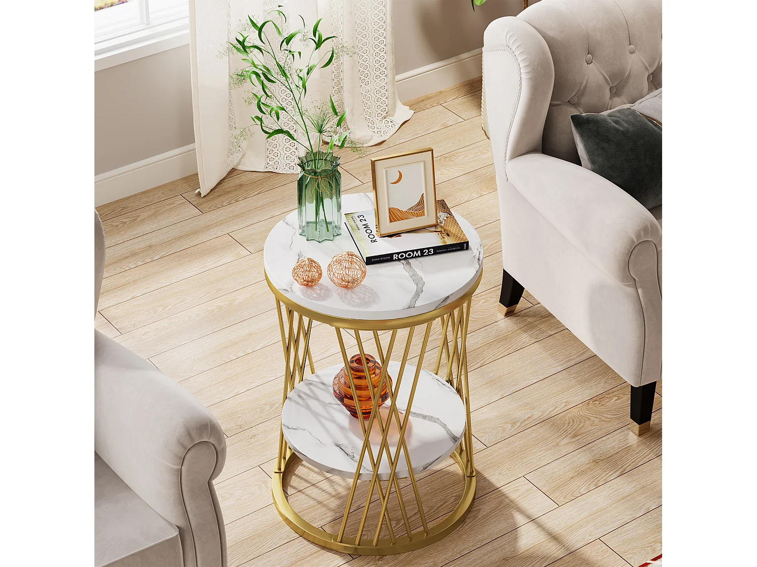 Table d'appoint ronde moderne blanche et dorée avec étagères en faux marbre, table de chevet à 2 niveaux