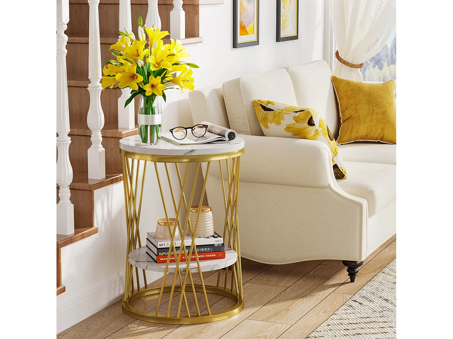 Table d'appoint ronde moderne blanche et dorée avec étagères en faux marbre, table de chevet à 2 niveaux