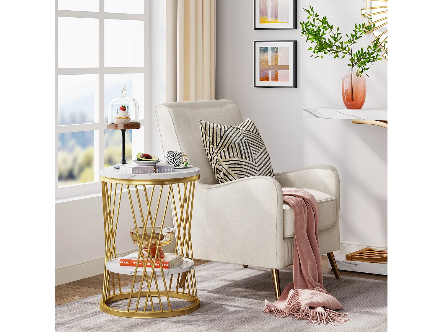 Table d'appoint ronde moderne blanche et dorée avec étagères en faux marbre, table de chevet à 2 niveaux