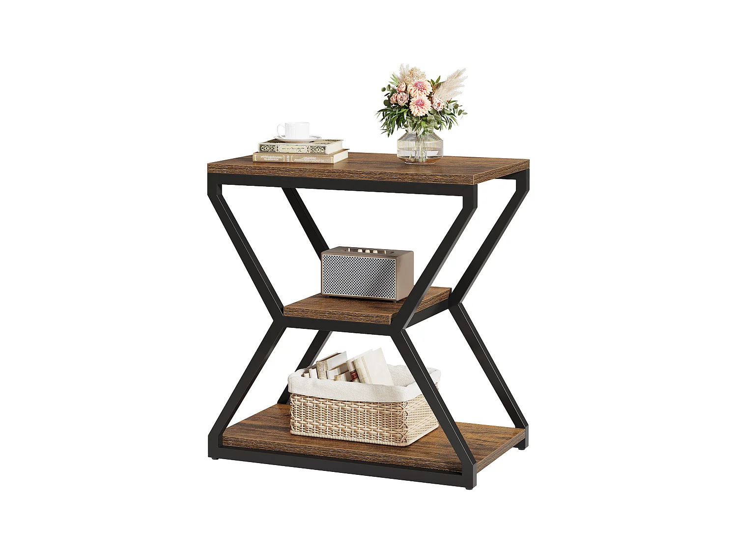 Mesa auxiliar industrial con estantes, mesa de centro pequeña de 3 niveles para sala de estar