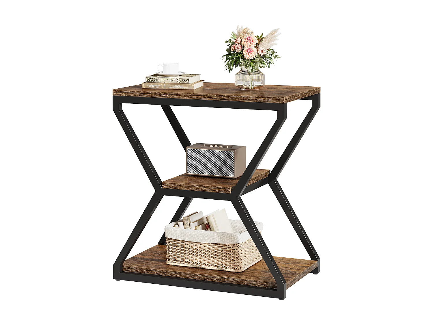 Table d'appoint industrielle avec étagères, petite table basse à 3 niveaux pour salon, table de chevet avec accent en bois et cadre en métal, marron rustique