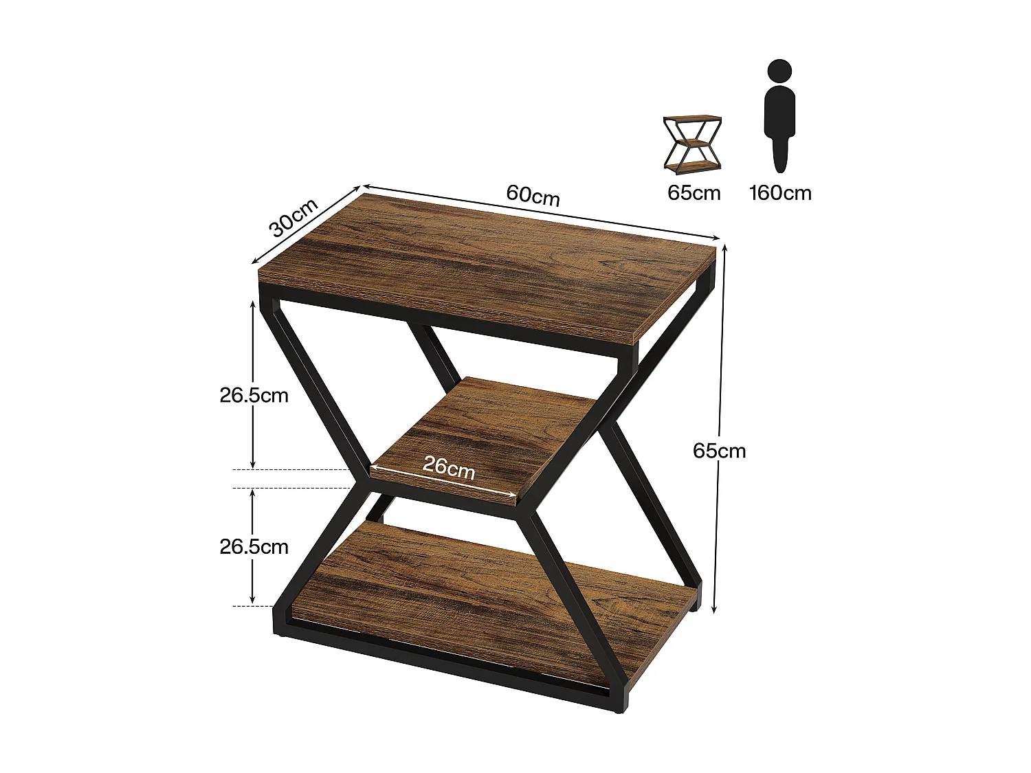 Table d'appoint industrielle avec étagères, petite table basse à 3 niveaux pour salon, table de chevet avec accent en bois et cadre en métal, marron rustique