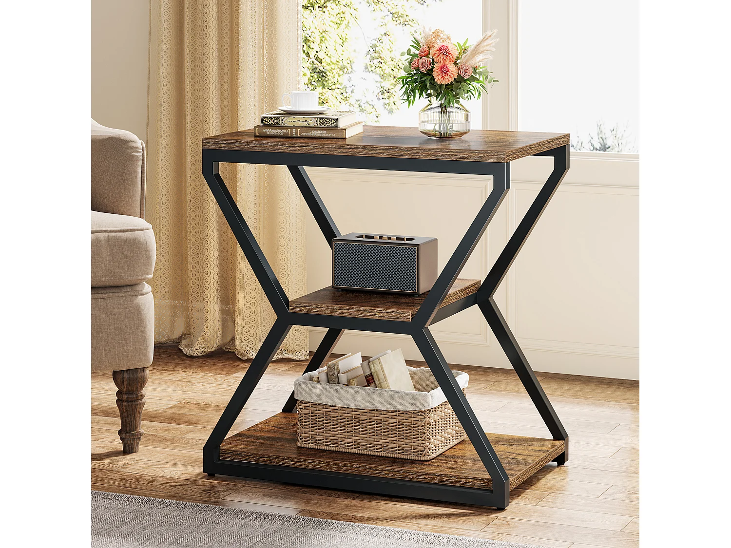 Table d'appoint industrielle avec étagères, petite table basse à 3 niveaux pour salon, table de chevet avec accent en bois et cadre en métal, marron rustique