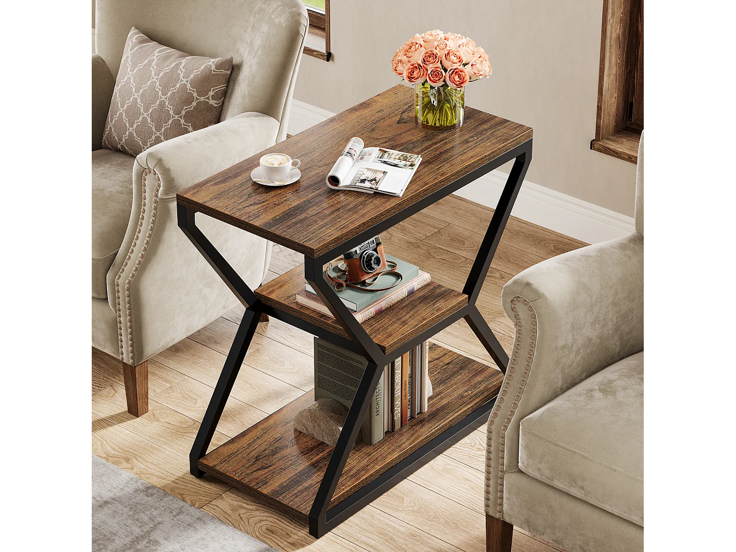 Table d'appoint industrielle avec étagères, petite table basse à 3 niveaux pour salon, table de chevet avec accent en bois et cadre en métal, marron rustique