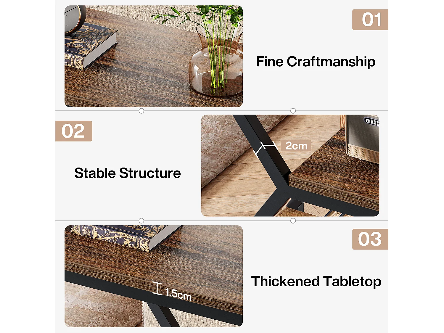 Table d'appoint industrielle avec étagères, petite table basse à 3 niveaux pour salon, table de chevet avec accent en bois et cadre en métal, marron rustique
