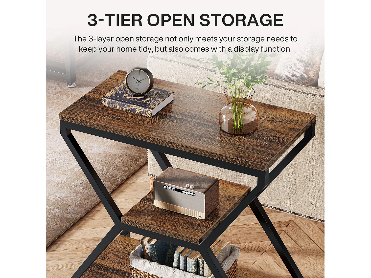 Table d'appoint industrielle avec étagères, petite table basse à 3 niveaux pour salon, table de chevet avec accent en bois et cadre en métal, marron rustique