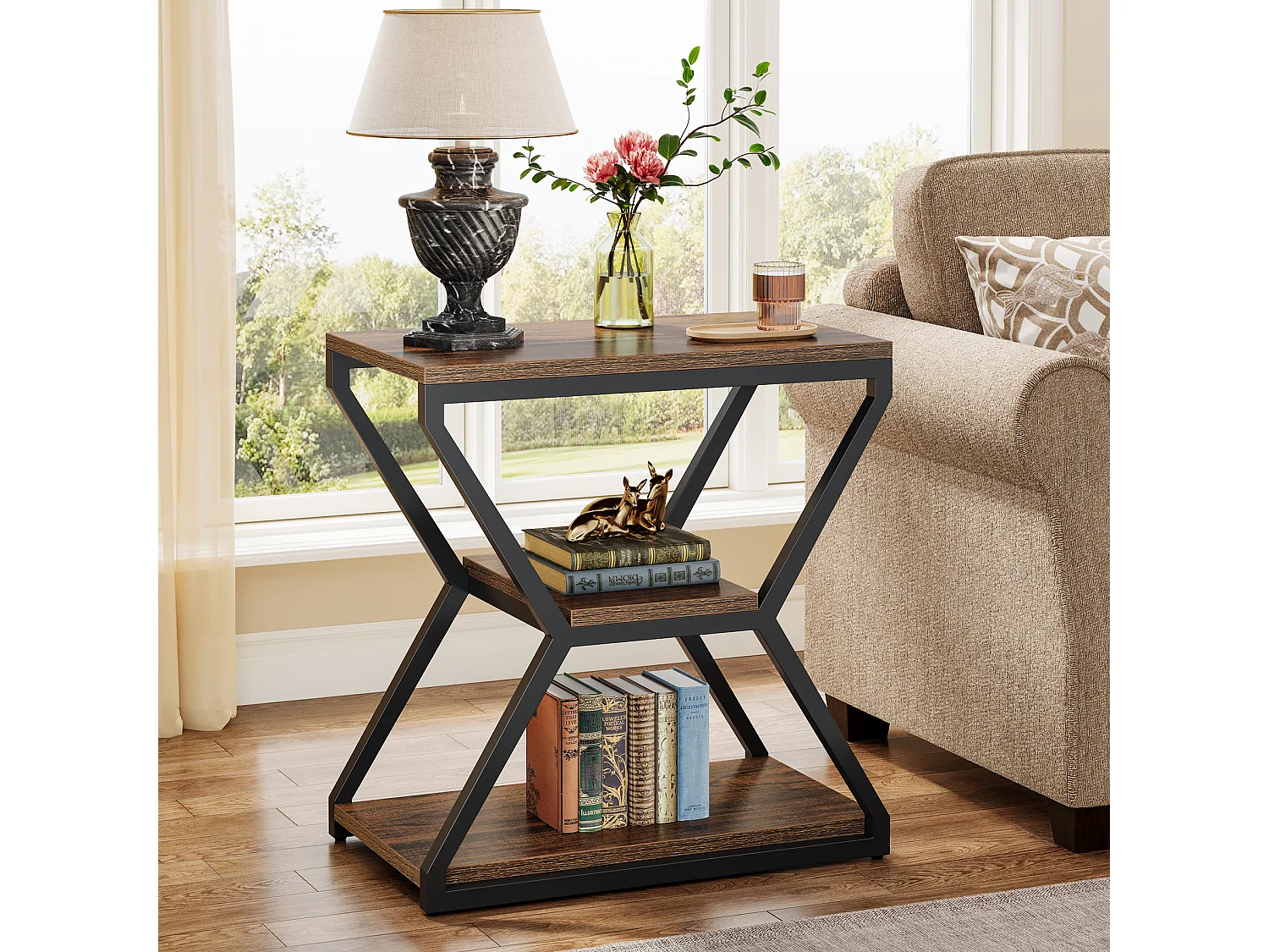 Table d'appoint industrielle avec étagères, petite table basse à 3 niveaux pour salon, table de chevet avec accent en bois et cadre en métal, marron rustique