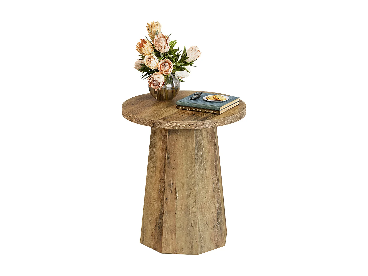 Table d'appoint ronde en bois avec socle octogonal - Base rustique marron - Meuble accentué pour salon, chambre à coucher (1)