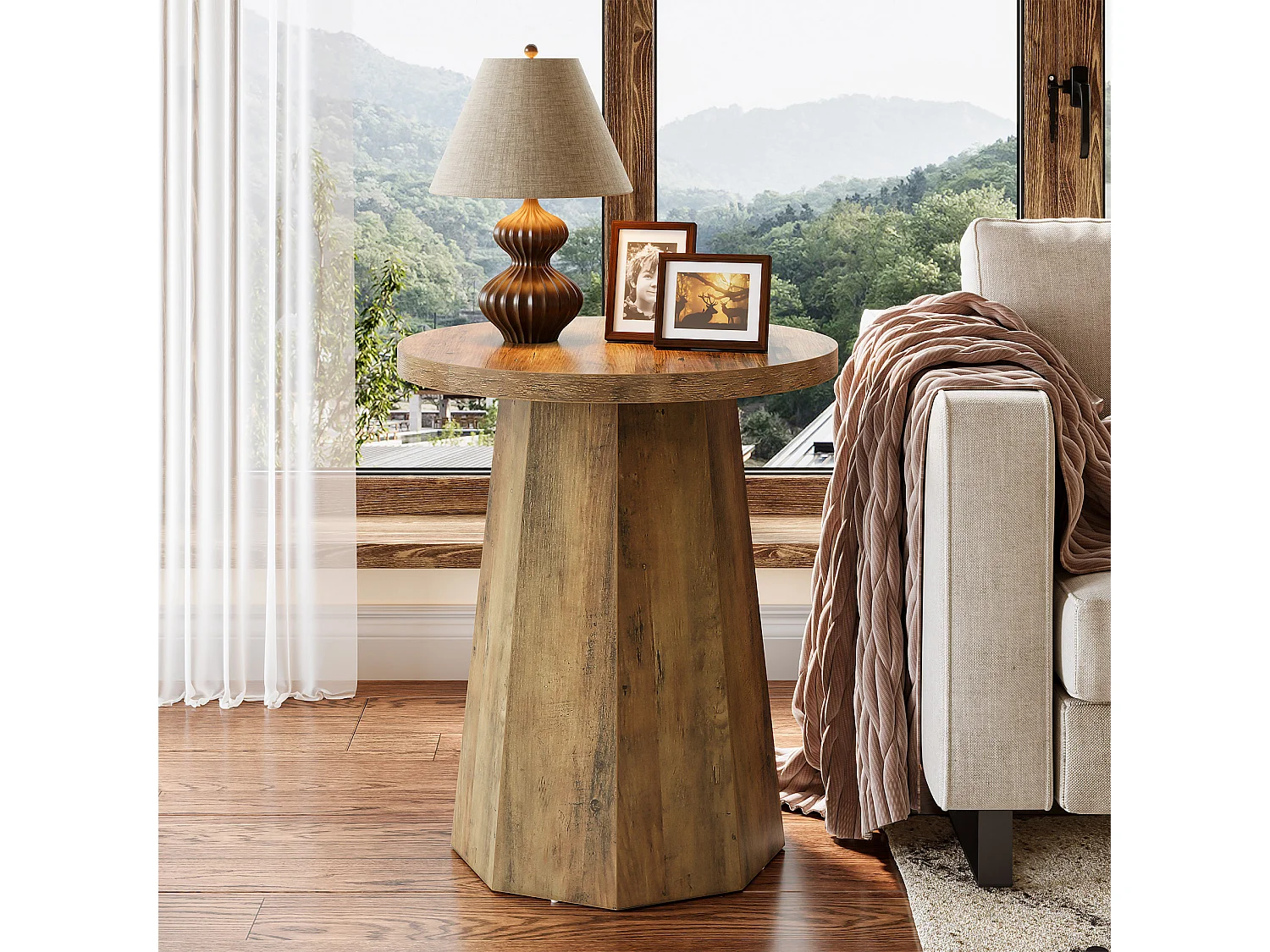 Table d'appoint ronde en bois avec socle octogonal - Base rustique marron - Meuble accentué pour salon, chambre à coucher (1)