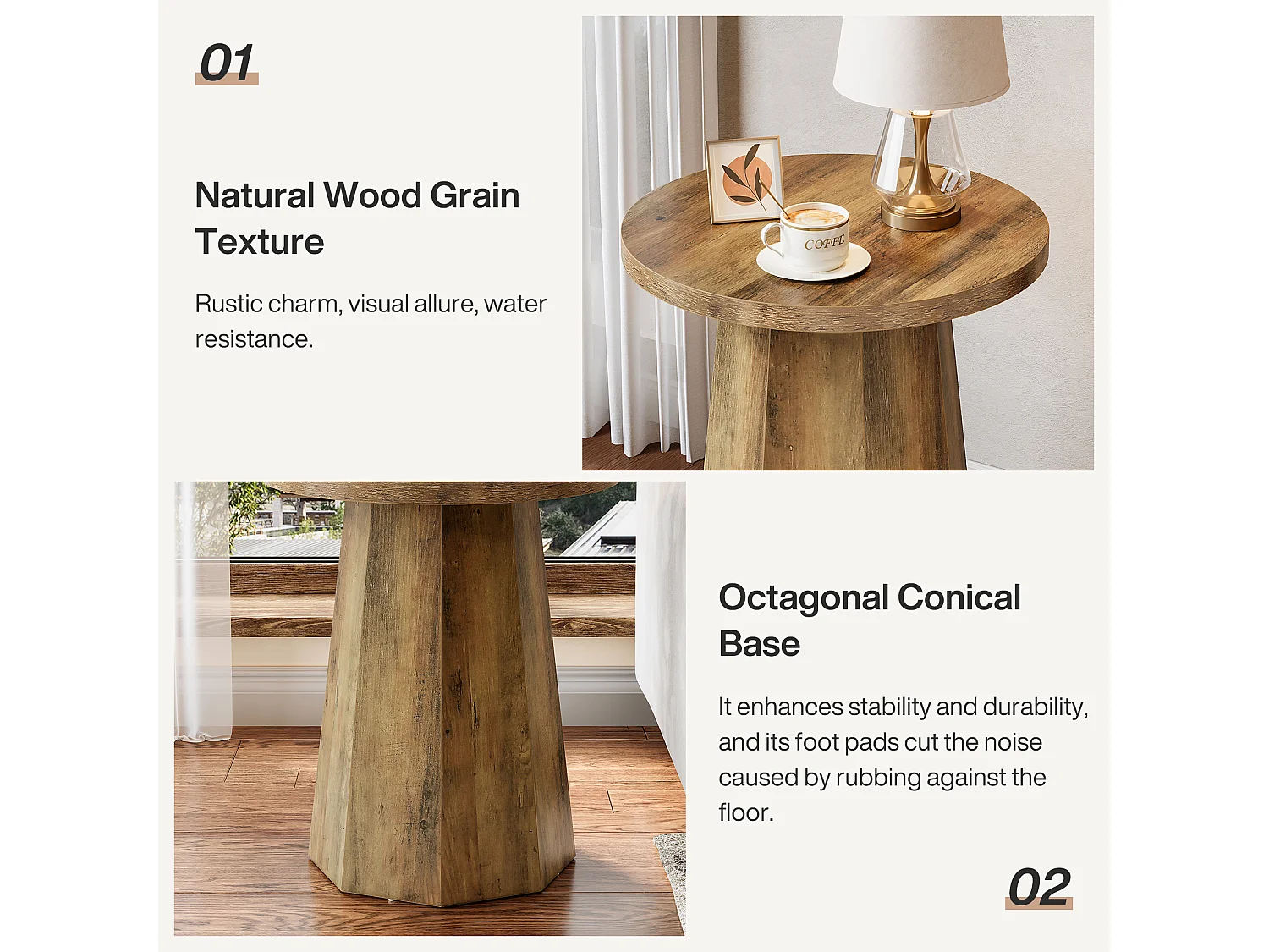 Table d'appoint ronde en bois avec socle octogonal - Base rustique marron - Meuble accentué pour salon, chambre à coucher (1)